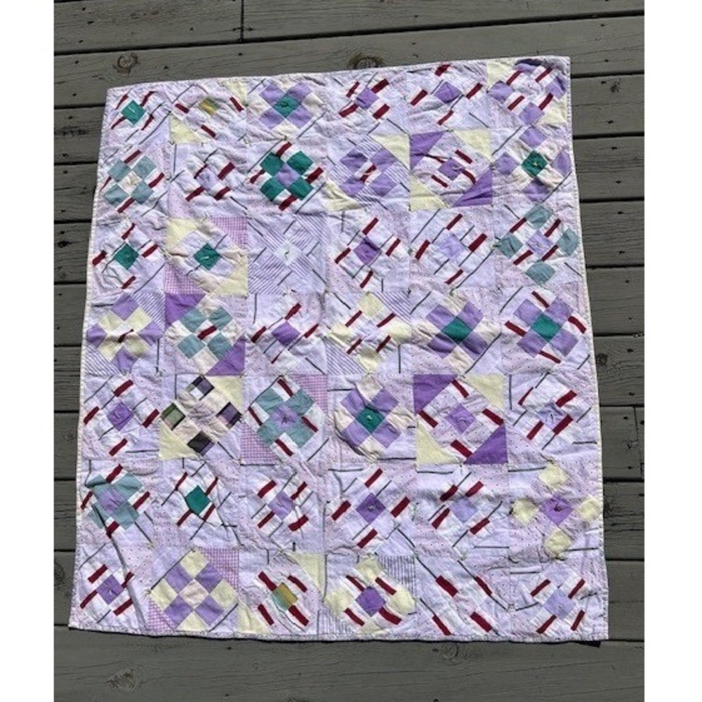 Vintage Handmade Patchwork Tied Quilt Lavender Purple Scrappy Farmhouse Blanket